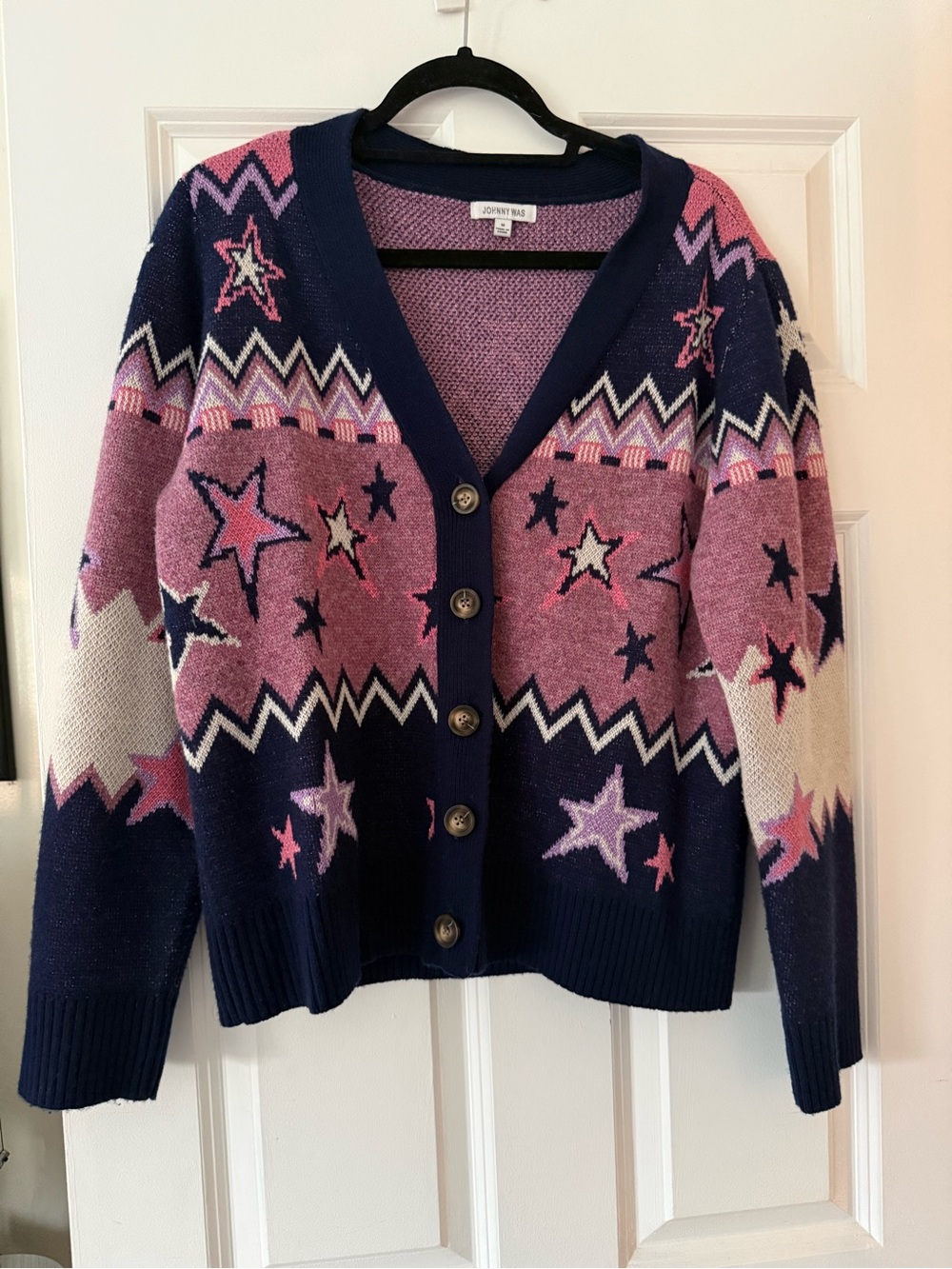 Johnny Was Star Print Wool Cardigan Sweater Size M Pink Navy Metallic–Worn Once